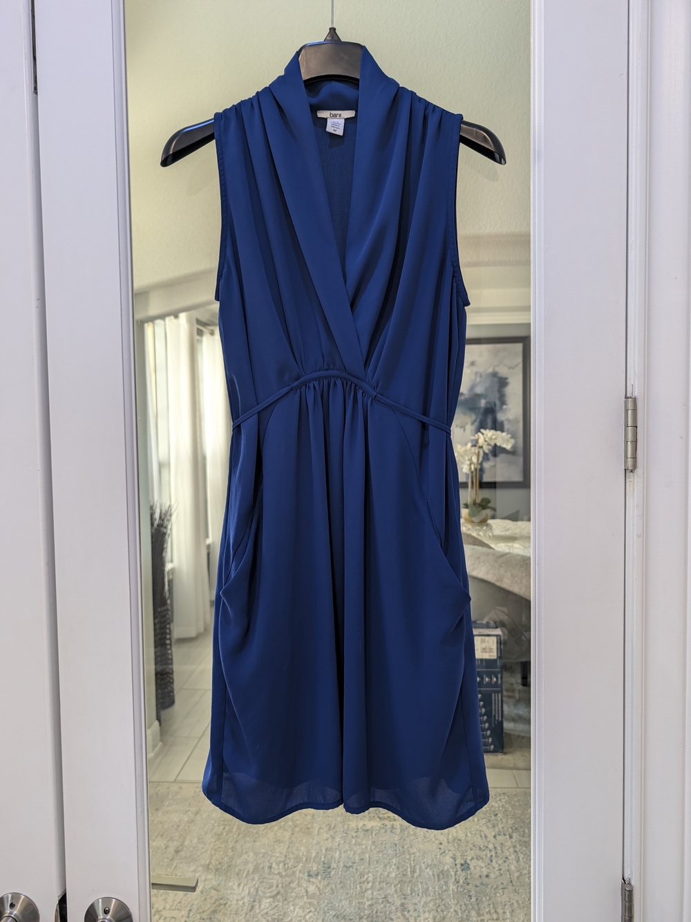 Bar III Royal Blue Sleeveless V-Neck Draped Faux Wrap Dress with Pockets